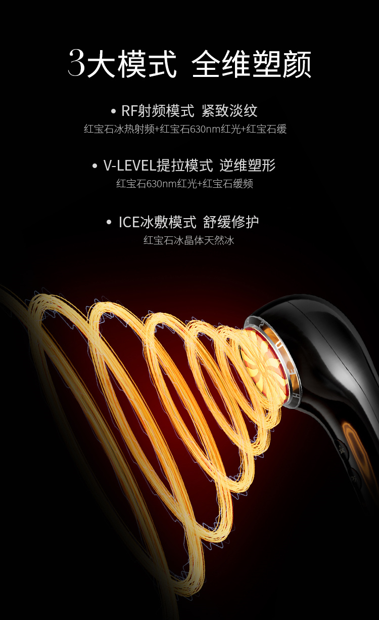 3大模式全維塑顏，RF射頻模式-緊致淡紋、V-LEVEL提拉模式-逆維度塑形、ICE冰敷模式-舒緩修護(hù)